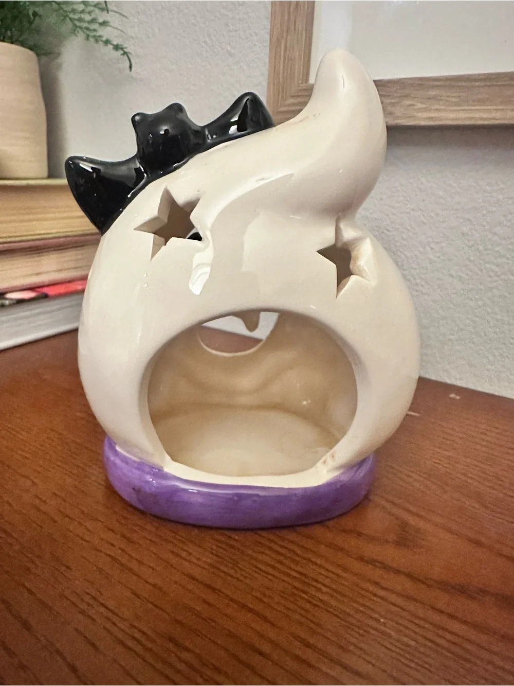 White Ceramic Halloween Ghost with Purple Bow - Decorative Accent